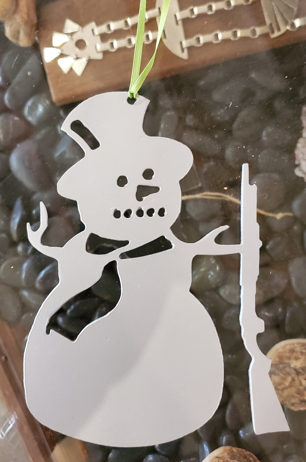 Snowman with shotgun, AK or pistol Christmas ornament